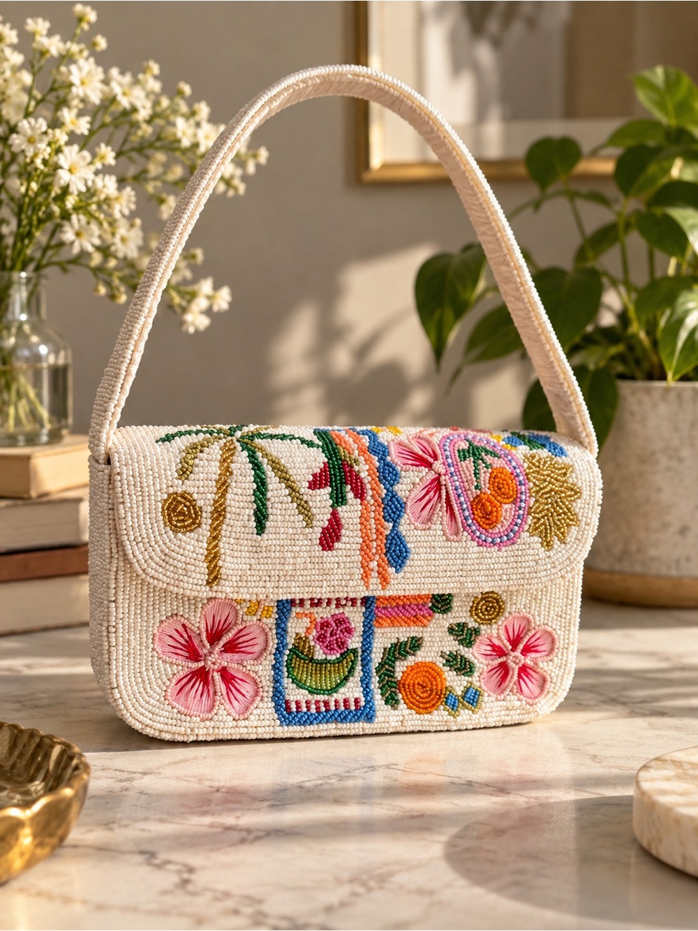 Beaded Floral Embroidered Shoulder Bag - Cream